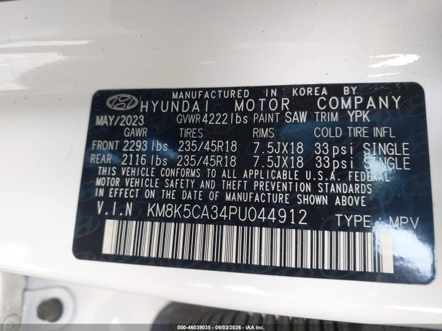 Aukcja sprzedaży 2023 Hyundai Kona Limited, vin: KM8K5CA34PU044912, numer aukcji: 46039035