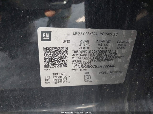 Продаж на аукціоні авто 2018 Chevrolet Tahoe Lt, vin: 1GNSKBKC9JR392440, номер лоту: 46039048