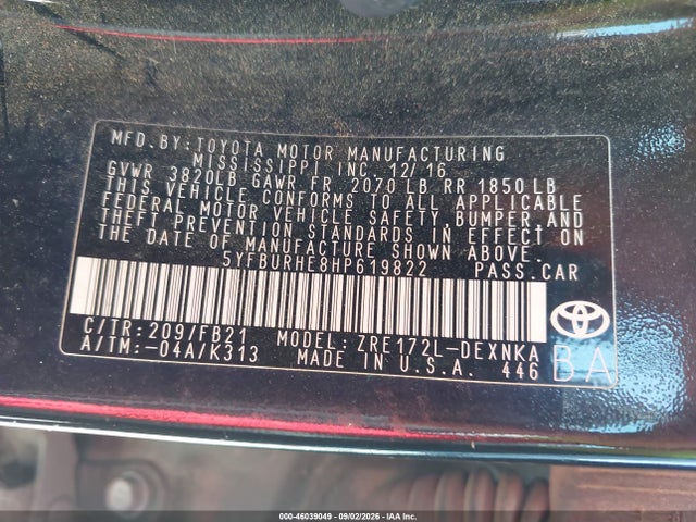 Продажа на аукционе авто 2017 Toyota Corolla Le, vin: 5YFBURHE8HP619822, номер лота: 46039049