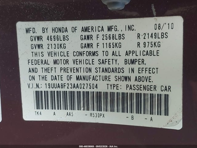 46039069 :رقم المزاد ، 19UUA8F23AA027504 vin ، 2010 Acura Tl 3.5 مزاد بيع