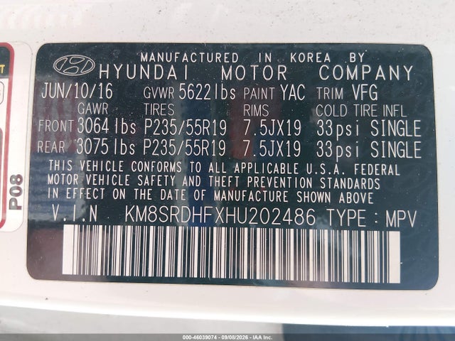 Aukcja sprzedaży 2017 Hyundai Santa Fe Se Ultimate, vin: KM8SRDHFXHU202486, numer aukcji: 46039074