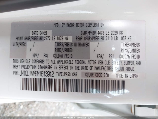 Продаж на аукціоні авто 2021 Mazda Mazda6 Touring, vin: JM1GL1VM6M1613912, номер лоту: 46039078