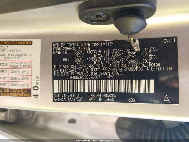 Aukcja sprzedaży 2011 Toyota 4runner Sr5 V6, vin: JTEBU5JR7B5076307, numer aukcji: 46039088