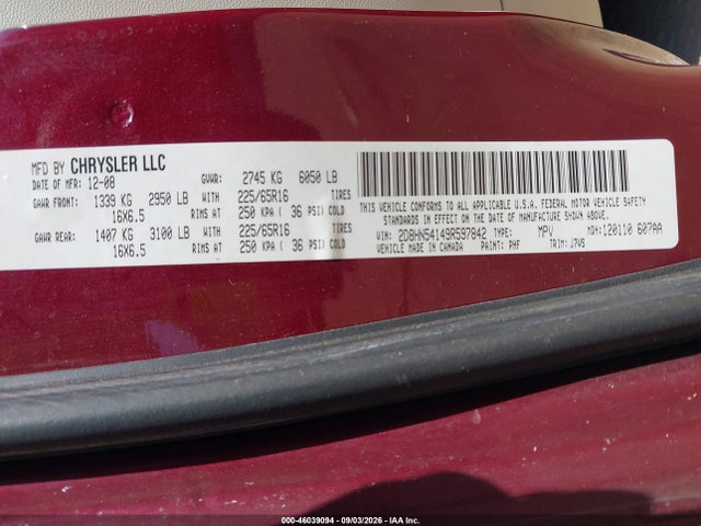 46039094 :رقم المزاد ، 2D8HN54149R597842 vin ، 2009 Dodge Grand Caravan Sxt مزاد بيع