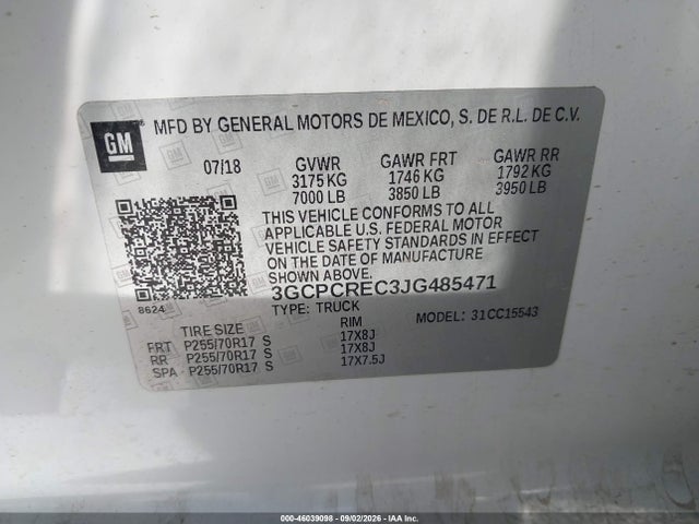 2018 Chevrolet Silverado 1500 1lt მანქანა იყიდება აუქციონზე, vin: 3GCPCREC3JG485471, აუქციონის ნომერი: 46039098