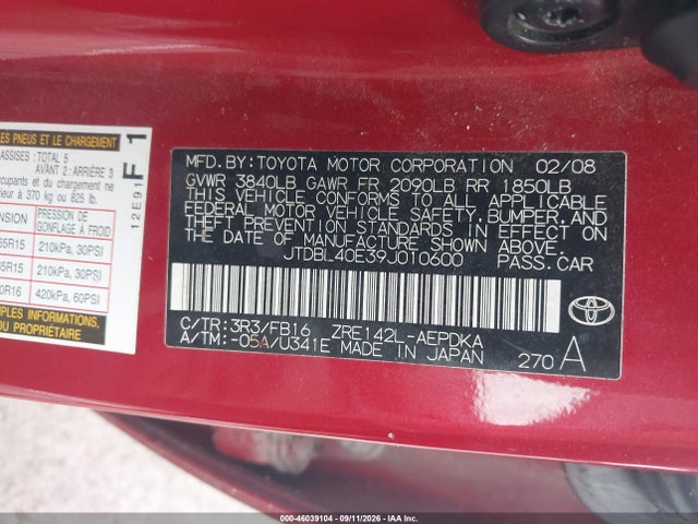 46039104 :رقم المزاد ، JTDBL40E39J010600 vin ، 2009 Toyota Corolla Le مزاد بيع