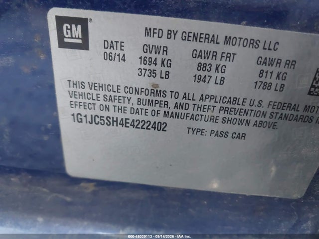 Продажа на аукционе авто 2014 Chevrolet Sonic Lt Auto, vin: 1G1JC5SH4E4222402, номер лота: 46039113