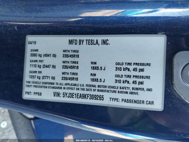 Aukcja sprzedaży 2019 Tesla Model 3 Long Range/mid Range/standard Range/standard Range Plus, vin: 5YJ3E1EA9KF309265, numer aukcji: 46039118