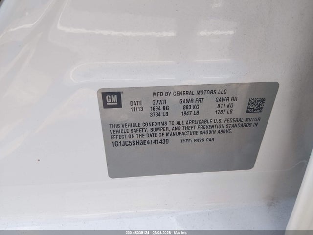 46039124 :رقم المزاد ، 1G1JC5SH3E4141438 vin ، 2014 Chevrolet Sonic Lt Auto مزاد بيع