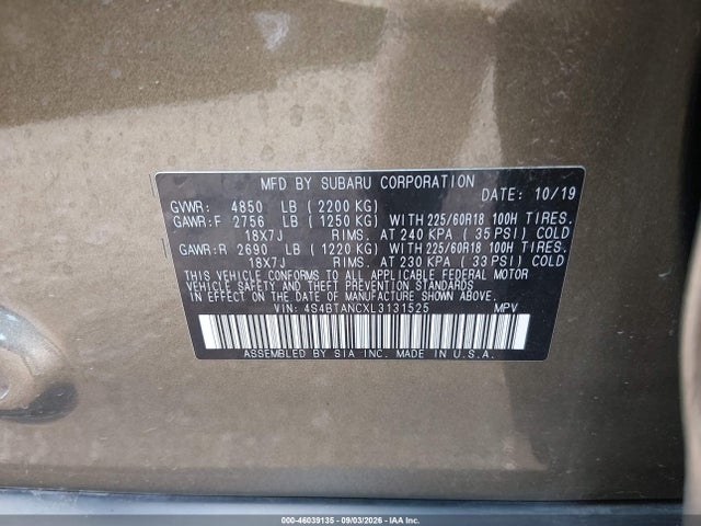 2020 Subaru Outback Limited მანქანა იყიდება აუქციონზე, vin: 4S4BTANCXL3131525, აუქციონის ნომერი: 46039135