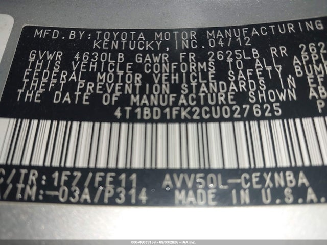 Продажа на аукционе авто 2012 Toyota Camry Hybrid Le, vin: 4T1BD1FK2CU027625, номер лота: 46039139