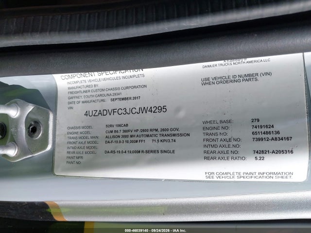 Aukcja sprzedaży 2018 Freightliner Chassis S-2, vin: 4UZADVFC3JCJW4295, numer aukcji: 46039140