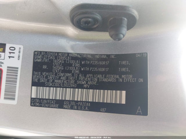 46039145 :رقم المزاد ، 5TDKZ3DC1LS022840 vin ، 2020 Toyota Sienna Le مزاد بيع