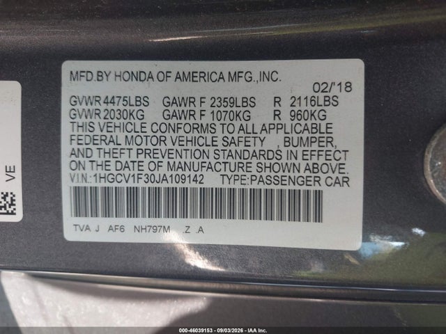 2018 Honda Accord Sport მანქანა იყიდება აუქციონზე, vin: 1HGCV1F30JA109142, აუქციონის ნომერი: 46039153