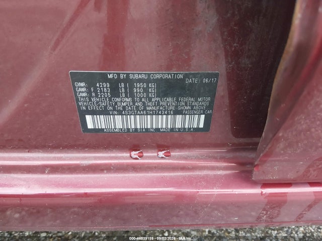 2017 Subaru Impreza 2.0i მანქანა იყიდება აუქციონზე, vin: 4S3GTAA61H1743416, აუქციონის ნომერი: 46039159