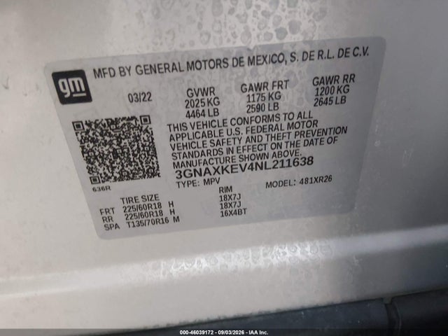 46039172 :رقم المزاد ، 3GNAXKEV4NL211638 vin ، 2022 Chevrolet Equinox Fwd Lt مزاد بيع