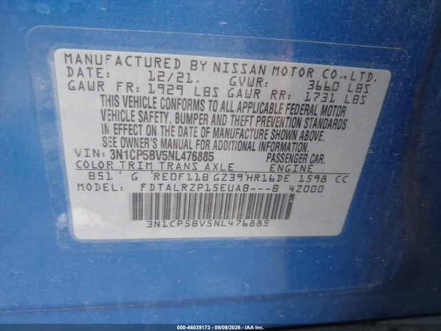 Aukcja sprzedaży 2022 Nissan Kicks S Xtronic Cvt, vin: 3N1CP5BV5NL476885, numer aukcji: 46039173