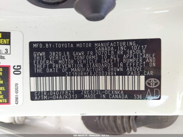 Продаж на аукціоні авто 2018 Toyota Corolla Le, vin: 2T1BURHEXJC003884, номер лоту: 46039178
