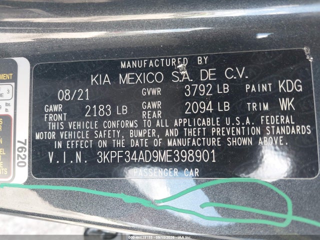 Продажа на аукционе авто 2021 Kia Forte Gt-line, vin: 3KPF34AD9ME398901, номер лота: 46039185