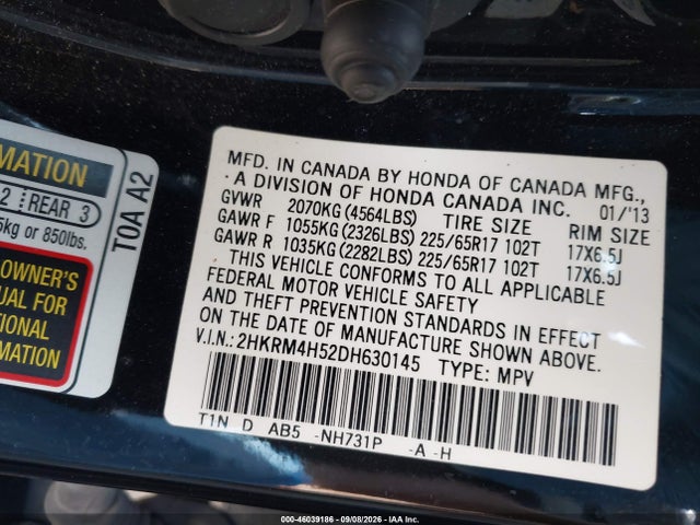 46039186 :رقم المزاد ، 2HKRM4H52DH630145 vin ، 2013 Honda Cr-v Ex مزاد بيع