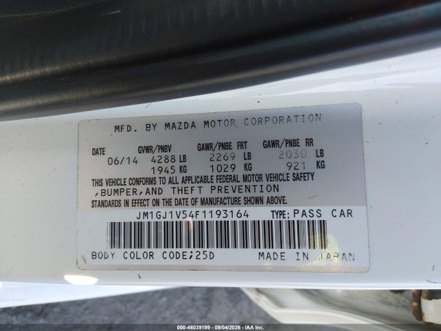 46039199 :رقم المزاد ، JM1GJ1V54F1193164 vin ، 2015 Mazda Mazda6 I Touring مزاد بيع