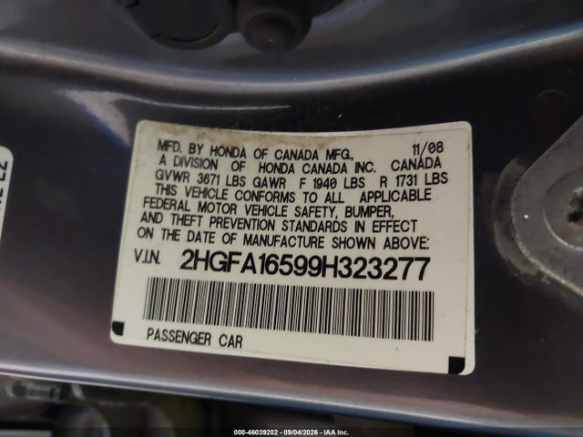 Aukcja sprzedaży 2009 Honda Civic Lx, vin: 2HGFA16599H323277, numer aukcji: 46039202