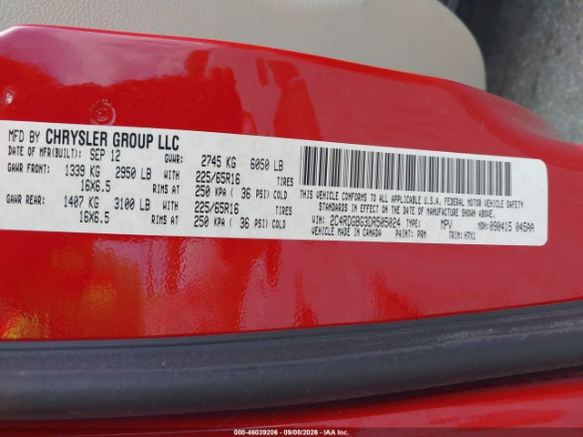 46039206 :رقم المزاد ، 2C4RDGBG3DR505024 vin ، 2013 Dodge Grand Caravan American Value Pkg مزاد بيع
