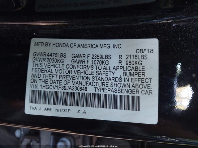 Продажа на аукционе авто 2018 Honda Accord Sport, vin: 1HGCV1F39JA230848, номер лота: 46039209