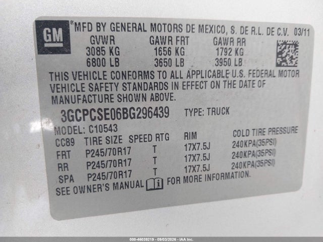 46039219 :رقم المزاد ، 3GCPCSE06BG296439 vin ، 2011 Chevrolet Silverado 1500 Lt مزاد بيع