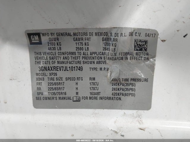 Aukcja sprzedaży 2018 Chevrolet Equinox Ls, vin: 3GNAXREV7JL101749, numer aukcji: 46039222