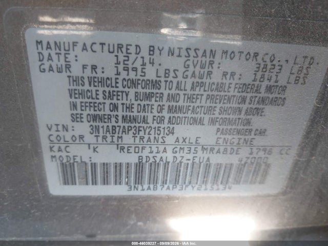 Продаж на аукціоні авто 2015 Nissan Sentra Sv, vin: 3N1AB7AP3FY215134, номер лоту: 46039227