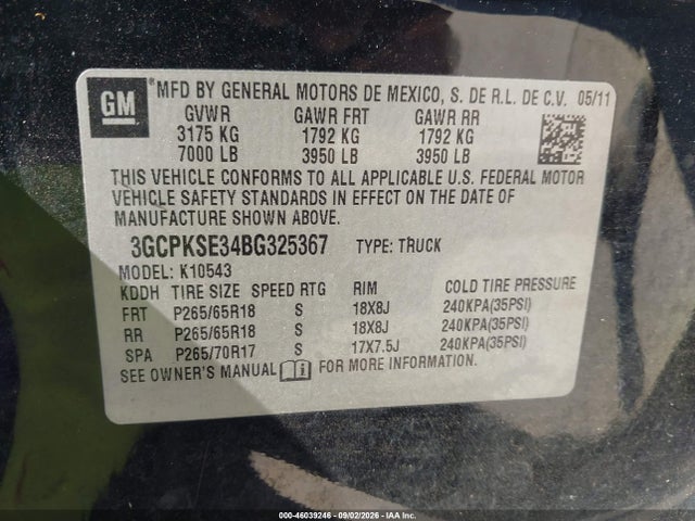 Aukcja sprzedaży 2011 Chevrolet Silverado 1500 Lt, vin: 3GCPKSE34BG325367, numer aukcji: 46039246