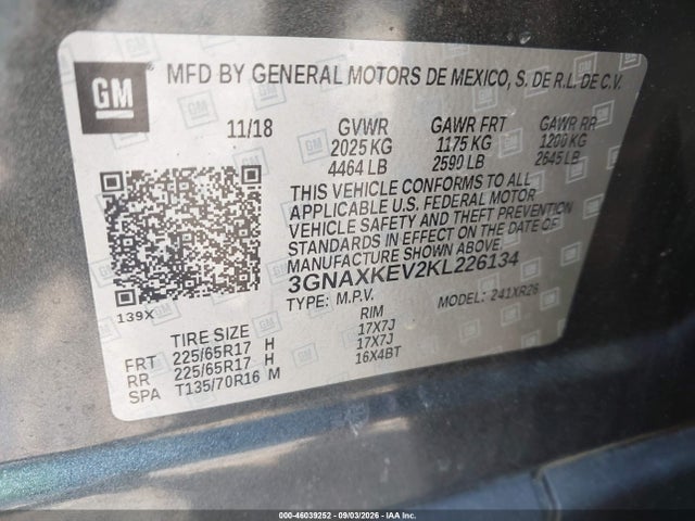 Aukcja sprzedaży 2019 Chevrolet Equinox Lt, vin: 3GNAXKEV2KL226134, numer aukcji: 46039252