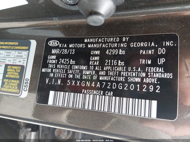 2013 Kia Optima Ex მანქანა იყიდება აუქციონზე, vin: 5XXGN4A72DG201292, აუქციონის ნომერი: 46039256