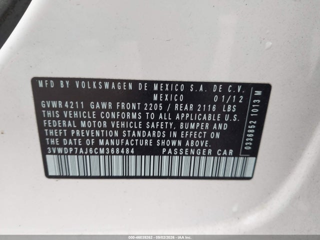 Aukcja sprzedaży 2012 Volkswagen Jetta 2.5l Se, vin: 3VWDP7AJ6CM368484, numer aukcji: 46039262
