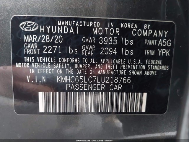 Aukcja sprzedaży 2020 Hyundai Ioniq Hybrid Blue, vin: KMHC65LC7LU218766, numer aukcji: 46039268