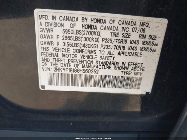 46039271 :رقم المزاد ، 2HKYF18186H560252 vin ، 2006 Honda Pilot Lx مزاد بيع