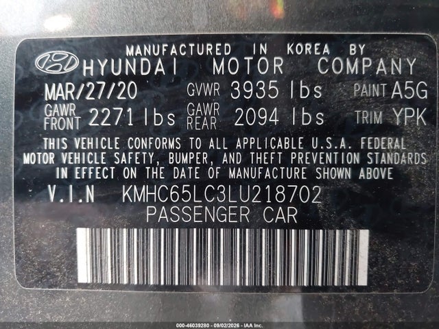 Aukcja sprzedaży 2020 Hyundai Ioniq Hybrid Blue, vin: KMHC65LC3LU218702, numer aukcji: 46039280