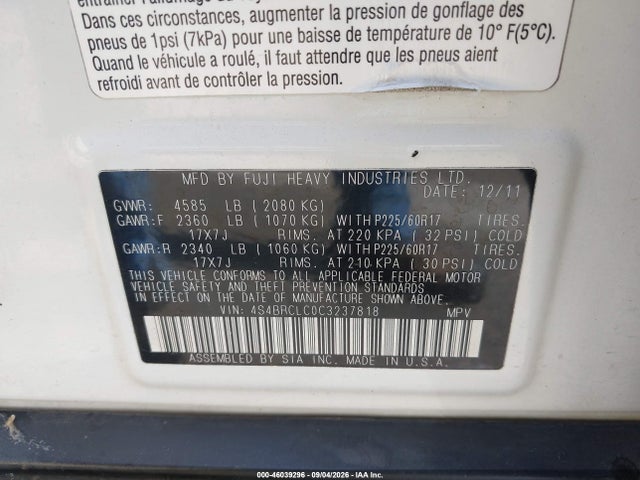 46039296 :رقم المزاد ، 4S4BRCLC0C3237818 vin ، 2012 Subaru Outback 2.5i Limited مزاد بيع