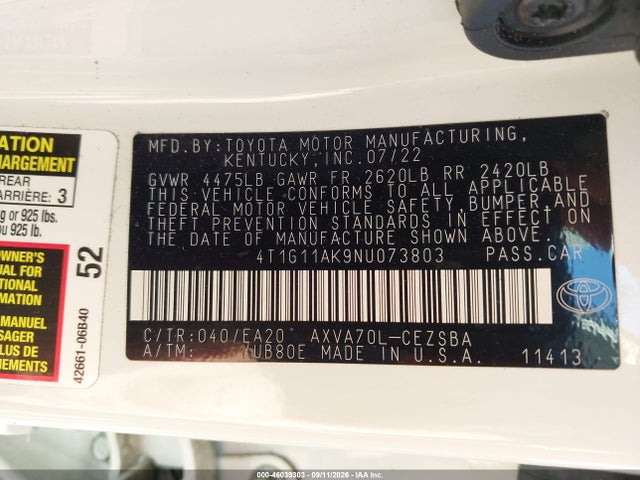 2022 Toyota Camry Se მანქანა იყიდება აუქციონზე, vin: 4T1G11AK9NU073803, აუქციონის ნომერი: 46039303