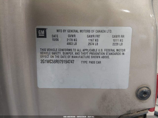 Aukcja sprzedaży 2007 Chevrolet Impala Lt, vin: 2G1WC58R979194747, numer aukcji: 46039306