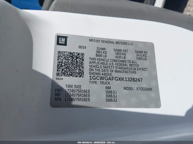 Aukcja sprzedaży 2019 Chevrolet Express 2500 Work Van, vin: 1GCWGAFGXK1328247, numer aukcji: 46039314