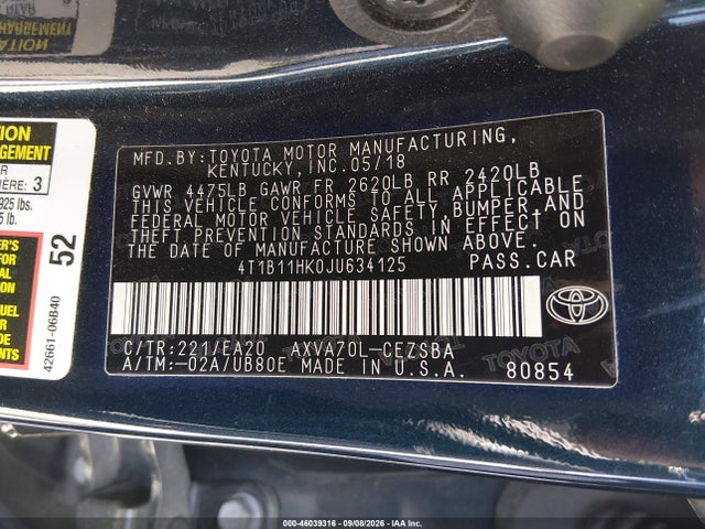 Продажа на аукционе авто 2018 Toyota Camry Se, vin: 4T1B11HK0JU634125, номер лота: 46039316