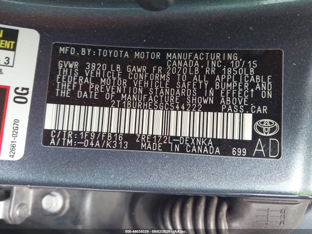 2016 Toyota Corolla Le მანქანა იყიდება აუქციონზე, vin: 2T1BURHE5GC544222, აუქციონის ნომერი: 46039329