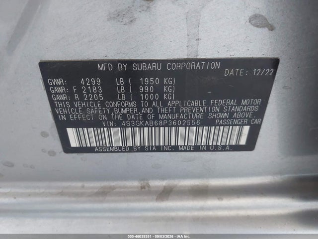 Продажа на аукционе авто 2023 Subaru Impreza Base, vin: 4S3GKAB68P3602556, номер лота: 46039351