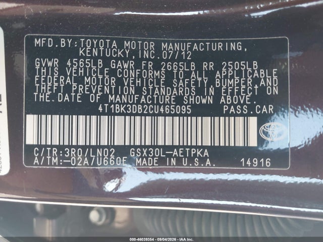 46039354 :رقم المزاد ، 4T1BK3DB2CU465095 vin ، 2012 Toyota Avalon Limited مزاد بيع
