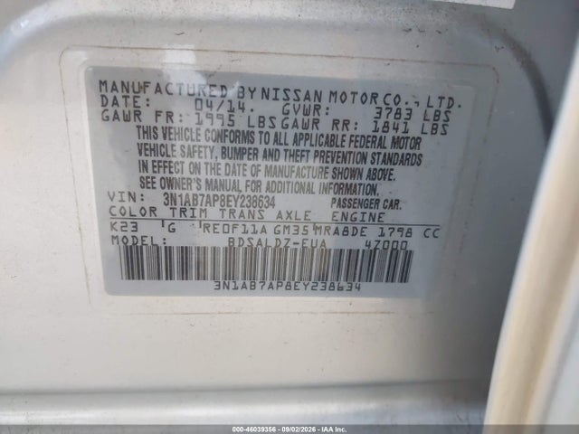 Aukcja sprzedaży 2014 Nissan Sentra Fe+ S/fe+ Sv/s/sl/sr/sv, vin: 3N1AB7AP8EY238634, numer aukcji: 46039356