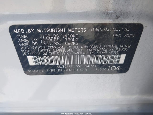 Продаж на аукціоні авто 2021 Mitsubishi Mirage G4 Carbonite Edition/es/le, vin: ML32FUFJ5MHF04023, номер лоту: 46039370