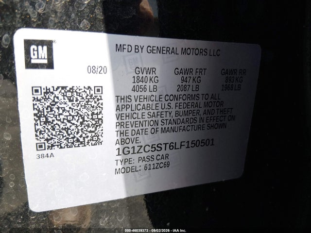 Auction sale of the 2020 Chevrolet Malibu Fwd 1fl, vin: 1G1ZC5ST6LF150501, lot number: 46039373