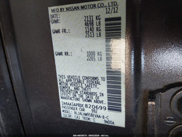 2013 Nissan Maxima 3.5 Sv მანქანა იყიდება აუქციონზე, vin: 1N4AA5AP8DC820699, აუქციონის ნომერი: 46039375